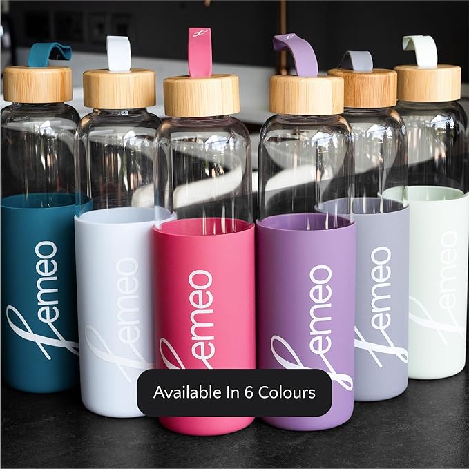 Femeo® Glass Water Bottle for Women | Eco, Yoga & Gym Friendly, 18oz | 100% Leakproof, BPA-Free, Dishwasher Safe, Borosilicate Drinking Glass Bamboo Sports Cap Purple