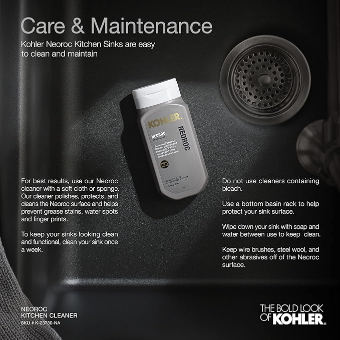 KOHLER K-8199-CM1 Cairn Sink, 33" Neoroc Composite Undermount Double-Bowl Kitchen Sink, Composite Kitchen Sink with Sink Rack, Matte Black