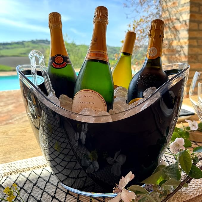 Acrylic Ice Bucket with tongs, Ice Bucket for Parties, Party Supply, Ice Bucket for Cocktail Bar, Champagne Bucket, Tub for Beer, Sparkling Wine, Cocktails, or Ice Cream., Large, Black