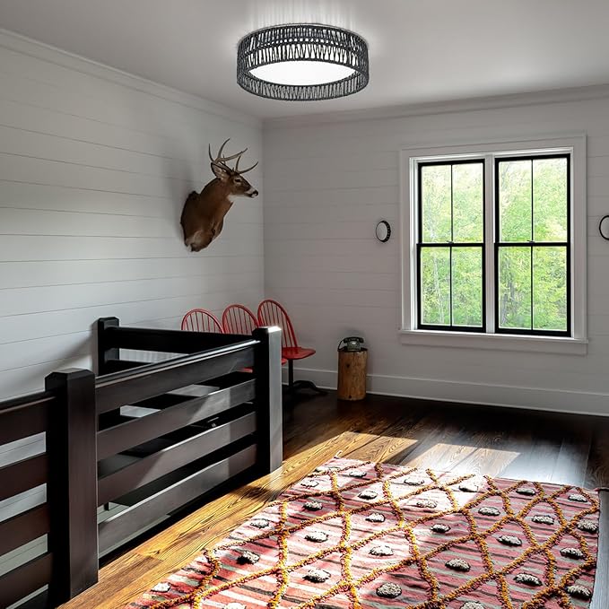 SineRise 12" Flush Mount Ceiling Light,25W LED Rattan Ceiling Light Fixture,Dimmable Handmade Boho Light Fixtures with Rattan,Farmhouse Lighting Fixtures Ceiling for Hallway Kitchen Bedroom(Black)