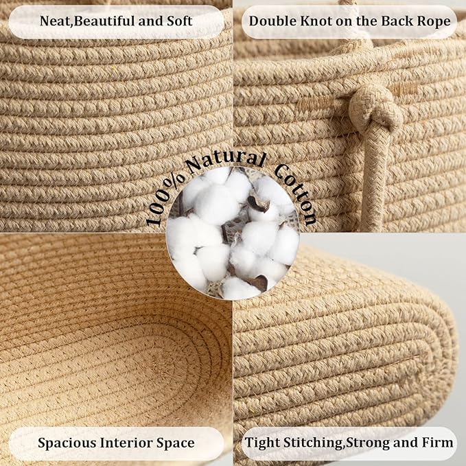 TeoKJ Over the Door Hanging Basket, 3-Tier Woven Cotton Wall-Mounted Storage Organizer with Self Adhesive Flowers Stick Decorative Hanging Nursery Baskets - Jute