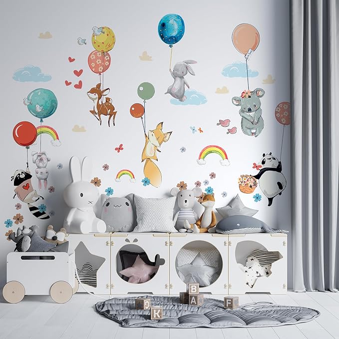 Hot Air Balloon Wall Decals for Kids by Lipastick β 83 pcs Cartoon Animals Wall Decals for Girls Boys Kids Baby - Animal Wall Stickers for Nursery Room Bedroom - Raccoon Fox Koala Panda L Size