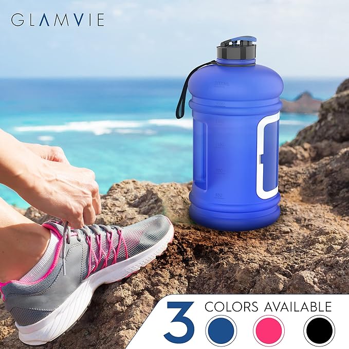 Sports Water Bottle 73OZ Half Gallon with Handle Big Reusable Water Jug 2.2L for Sport & Fitness with Built-In Storage Case for Cash & Cards | Eco Friendly & BPA Free | Matte Blue