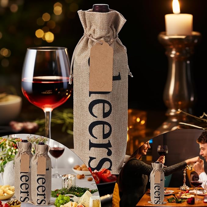 SIRIPHUM Burlap Wine Bags and Gift Tags, Wine Bottle Gift Bags with Drawstrings,Wine Bags Gift for Travel, Wedding, Holiday Party,Birthdays,Housewarming and Dinner Party (Red-12PCS)