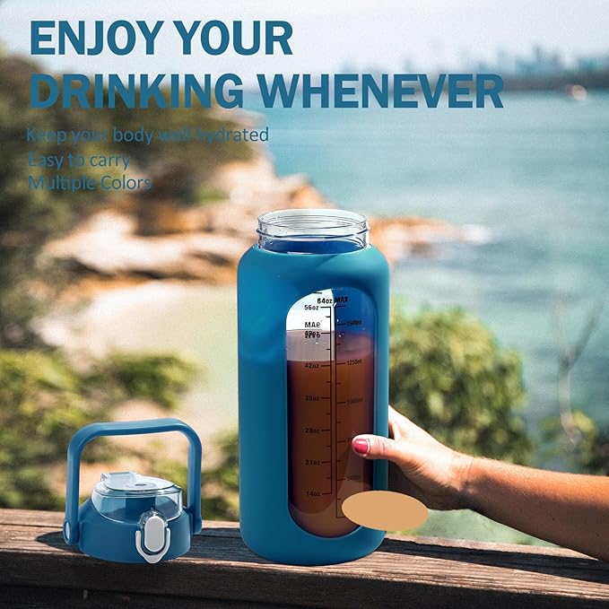kytffu 64oz Glass Water Bottles with Straw, Half Gallon Motivational Glass Bottle with Silicone Sleeve and Time Marker, 2L Leakproof Large Glass Water Jug for Gym Home Office,Iron Blue