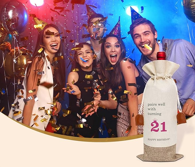 21th Birthday Wine Bag, Cotton Linen Wine Gift Bag With Drawstring, Wine Champagne Bottle Gift Bag, 21st Birthday Gifts Wine Bag for Woman Her Girl Friend Sister, 21th Birthday Party Favors-33