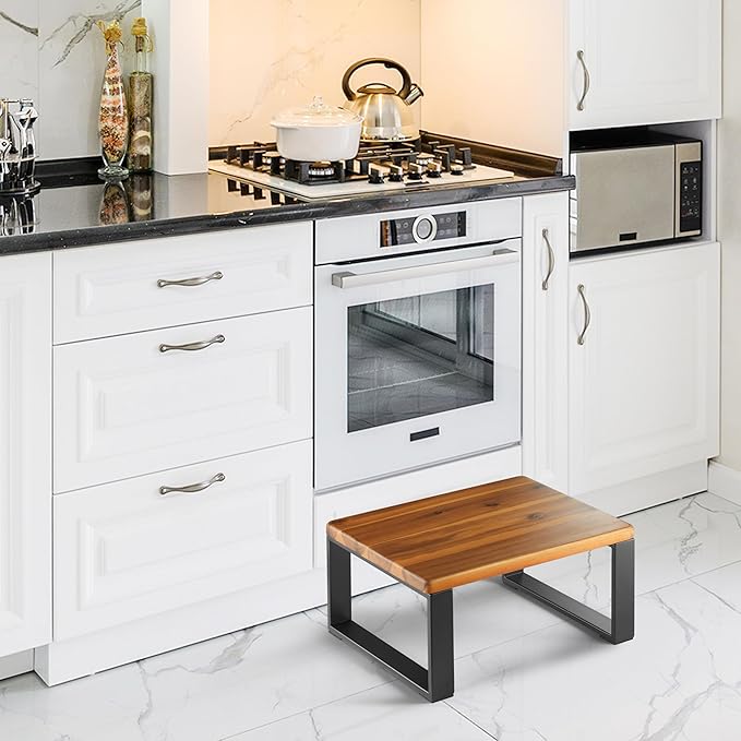 Wooden Step Stool, Heavy Duty One Step Stool for Adults, Wooden Stepping Stool with 450Lbs Capacity for Kitchen & Bathroom, Non-slip Wood Bedside Bed Steps with Robust Steel Frame for High Beds