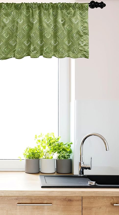 Ambesonne Olive Green Window Valance, Grunge Geometric Pattern Square Shape Diagonal Abstract Rhombus, Curtain Valance for Kitchen Bedroom Decor with Rod Pocket, 42" x 12", Olive Green Coconut