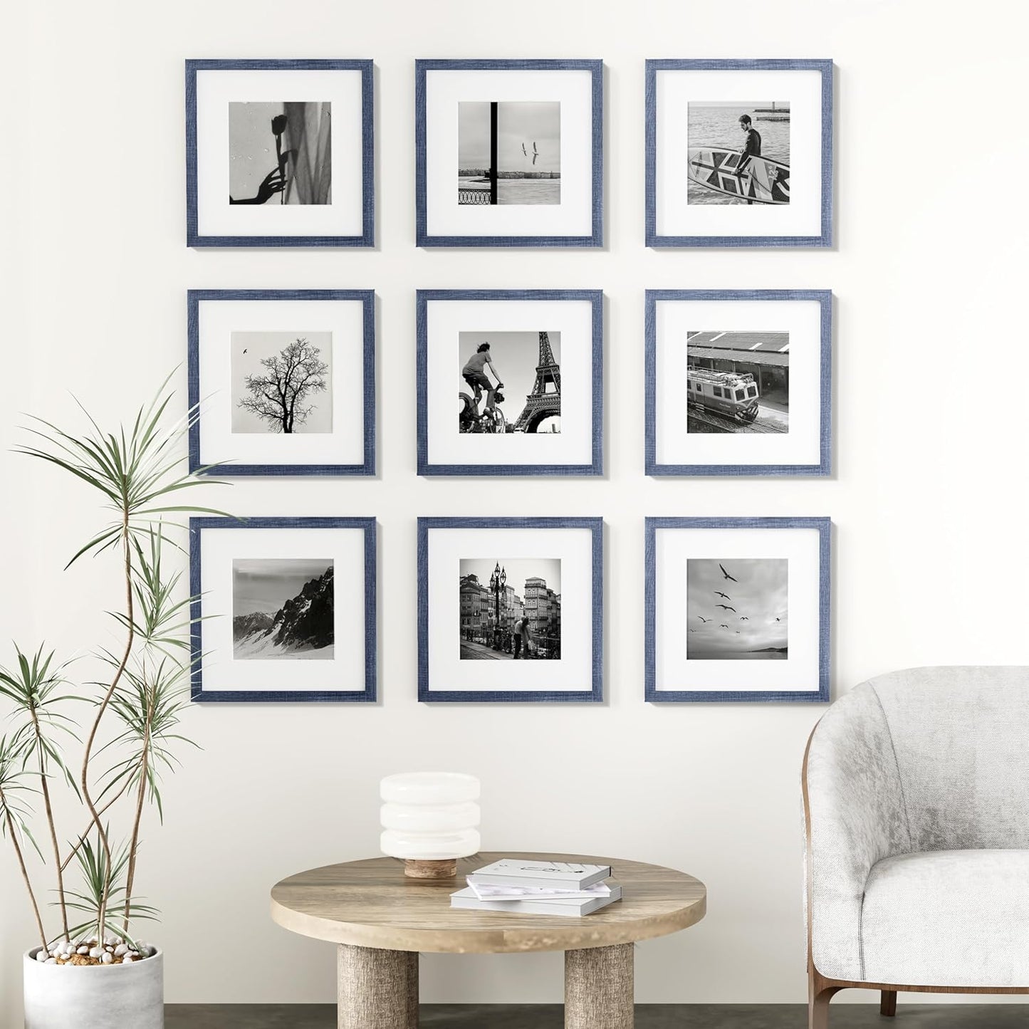 Vittanly 12x12 Picture Frames Set of 9, Shatter Resistant Plexiglass, Display 8x8 Pictures with Mat or 12x12 without Mat, Photo Frames for Wall Mount, Engineered Wood, Navy