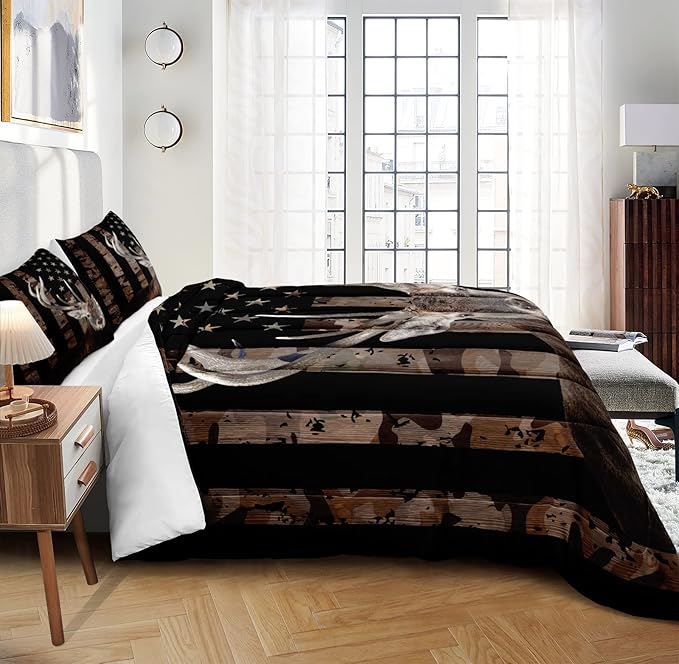 Bedbay American Flag Bed Comforter Queen Hunting Deer Bedding Boys Girls Bedroom Decor Camo Bedding Down Alternative Comforter Camouflage Quilt Set 4 Pcs Lightweight Comforter Queen(Deer,Queen)