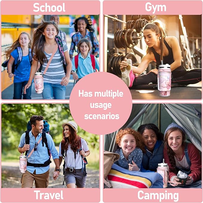 Water Bottle Carrier Bag with Phone Pocket for 40oz Tumbler with Handle, Adjustable Strap Neoprene Water Bottle Sleeve Pouch for Hiking Camping Travelling. (Pink Marble)