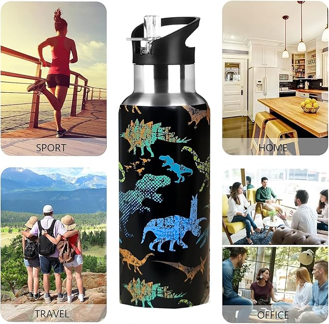 Cute Dinosaur Animal Sport Water Bottle with Straw, Vacuum Insulated Stainless Steel Thermal Drinking Travel Mug Cups For Gym Fitness Camping-17oz/500ml, Blue