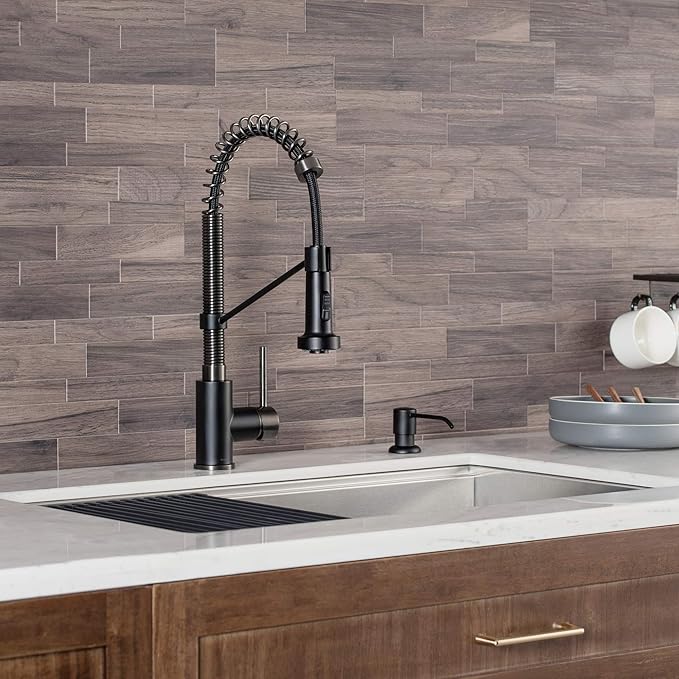 Kraus KPF-1610MBSB Bolden 18-Inch Commercial Kitchen Faucet with Dual Function Pull-Down Sprayhead in all-Brite Finish, Matte Black/Black Stainless Steel