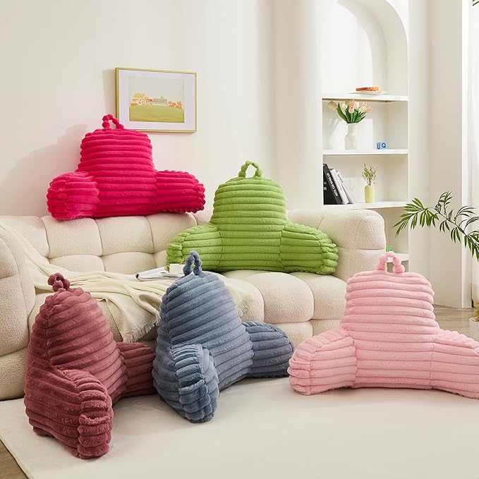 WERDIM Reading Pillow for Sitting in Bed, Faux Fur Back Pillow for Bed Rest, Bed Chair Pillow with Arms and Pockets(Large, Emerald)