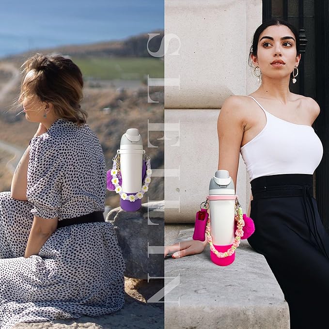 Water Bottle Accessories Set Compatible with Owala 24oz 32oz Including Water Bottle Handle Strap, Water Bottle Boot, Lipstick Bag, Pompom Ball, Daisy Key-chain, Compatible with Owala FreeSip.