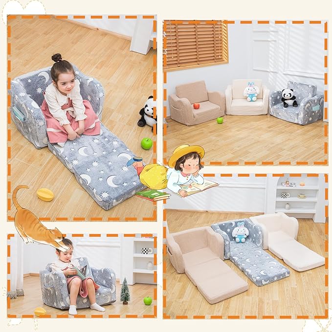 Baby Toddler Baby Sofa Couch for Kids Foldable 2-in-1 Fold Out Couch Bed for Playroom, Pull Out Children Convertible Sofa to Lounger Sleeper Chair for Boys & Girls with Double Pockets - Glowing Grey