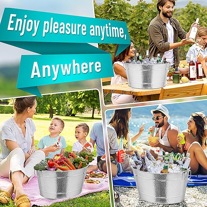 Large Ice Buckets with Handles, IKAYAS Beverage Tub with Scoop and Tongs for Cocktail Bar Mimosa Bar Supplies, Champagne Bucket Beer Bucket, Silver