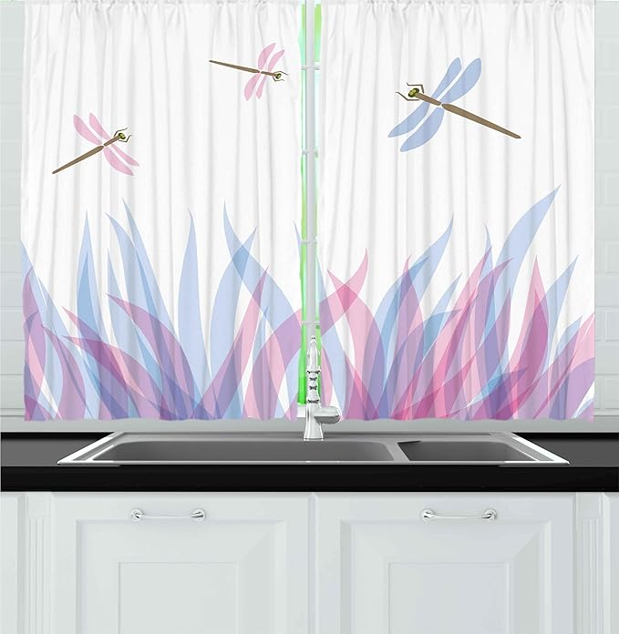 Ambesonne Dragonfly Kitchen Curtains, Nature Themed Colorful Birds Like Bugs Flies on Flame Abstract Image, Window Drapes 2 Panel Set for Kitchen Cafe Decor, 55" x 30", Violet Pink