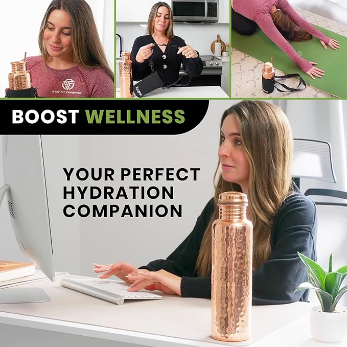 Copper Water Bottle for Drinking - Hammered Pure Copper Water Bottle with Leak Proof Lid, Removable Insulating Sleeve & Copper Straw - Handcrafted Copper Bottle for Men & Women 32 fl oz