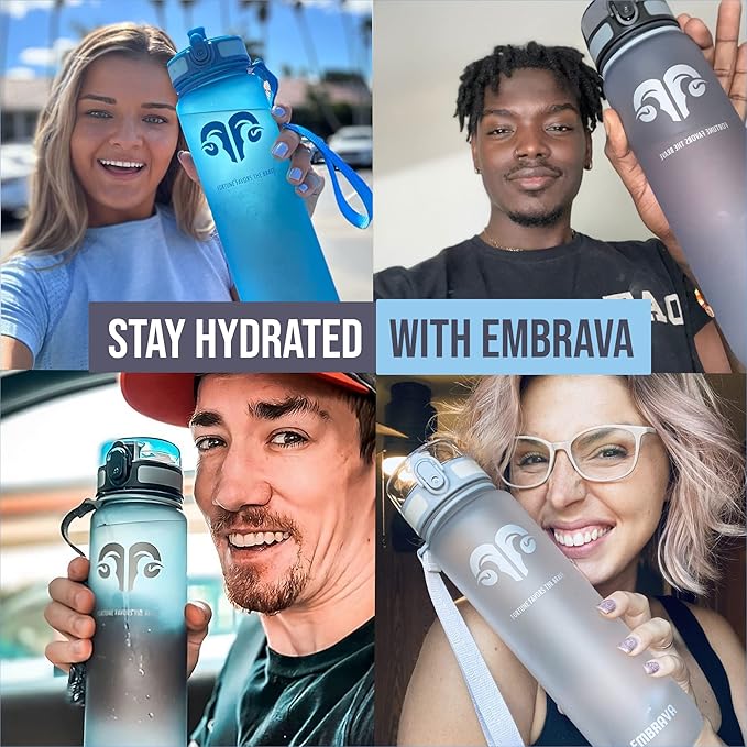Embrava Sports Water Bottle - 32oz Large - Fast Flow Quick Sip Lid - BPA & BPS Free - Leakproof, Flip Top - Lightweight & Sturdy Tritan Plastic - Strainer for Fruit & Ice