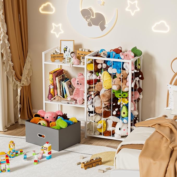 Stuffed Animal Storage, Metal Toy Storage Organizer Shelf with Kids Bookshelf, Sturdy Plushie Toys Holder Bin Multipurpose Toys Book Rack Zoo Cage for Kids Room, Nursery, PlayRoom, Birthday, White