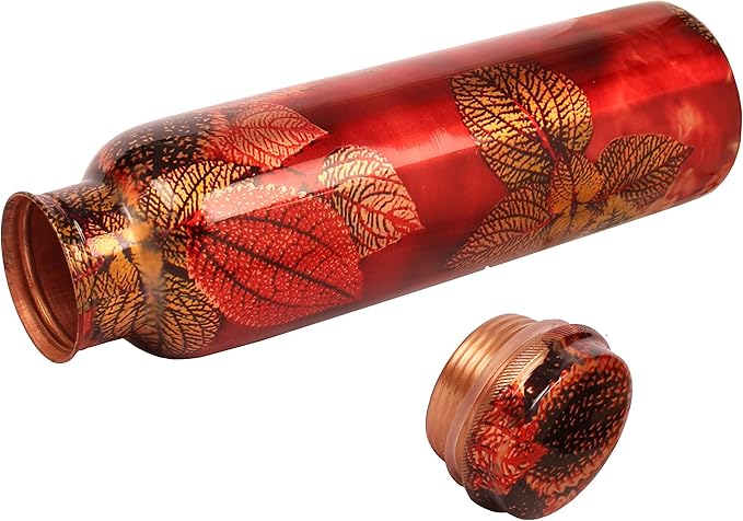 Pure Copper Water Bottle - Handcrafted - Ayurveda health benefits - Large 35 oz - Leak proof - Easy to carry for Sports, Fitness, Yoga, School - Red and Black Pretty Petals Motifs Enamel
