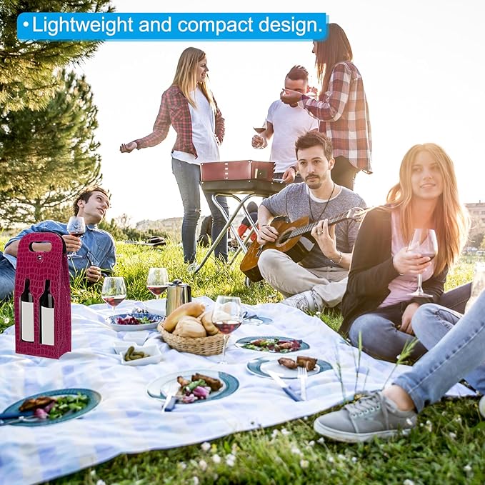PATIKIL 2 Bottle Wine Gift Bag, Wine Bag Reusable Leather Wine Tote Carrier for Wine Bottles Portable Champagne Gift Bags for Picnic Party Wedding, Red-2
