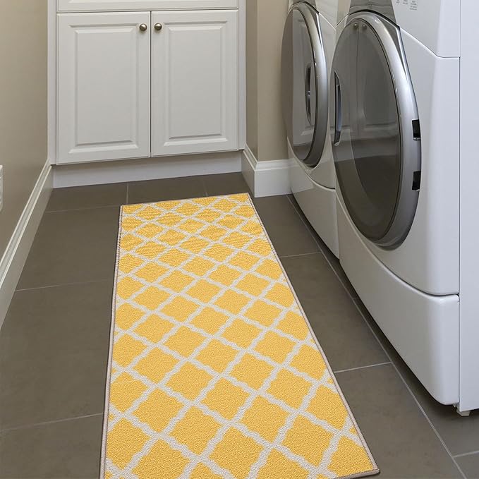 Machine Washable Moroccan Trellis Design Non-Slip Rubberback 2x6 Traditional Indoor Runner Rug for Hallway, Kitchen, Bedroom, 2'2" x 6', Yellow