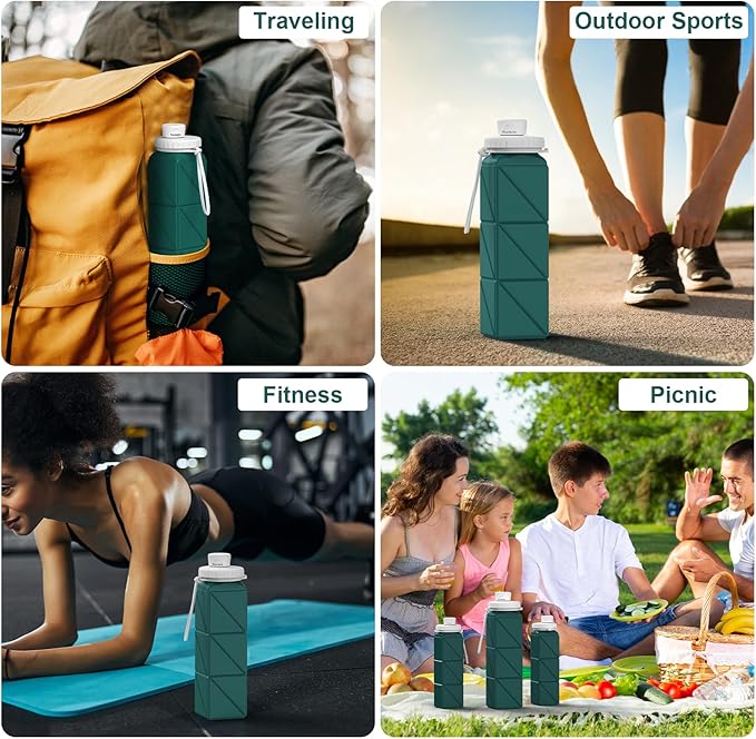 Collapsible Water Bottles Portable,BPA Free Food-Grade Silicone Reusable water Bottle For Outdoor Travel Hiking Sports,Compact,Lightweight Easy To Carry,Leakproof Water Bottles,Dark Green