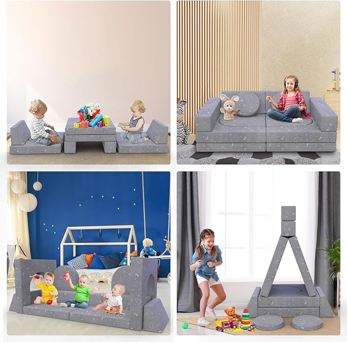 Kids Couch, 12PCS Modular Kids Play Couch with Blanket, Kids Sofa Couch with Glow Effects for Playroom & Indoor, Convertible Toddler Couch for Girls and Boys