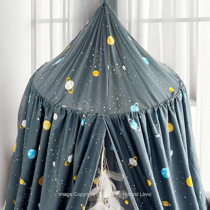 Space Rockets Print Kids Bed Canopy, Girls Princess Bed Canopy Dreamy Room Decor, Soft Hanging Reading Nook Play Tent Canopy, Extra Large Full Size Bed Canopy with String Light