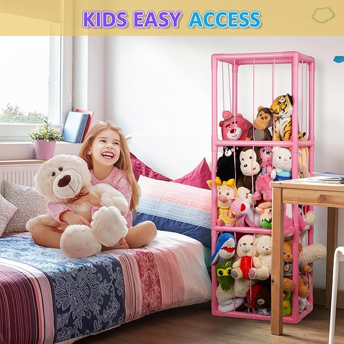 Trycooling Stuffed Animal Storage Zoo Stuffed Animal Holder Space Save Vertical Stuffed Animals Storage PVC with Elastic Band and Net for Playroom Birthday Gift for Bedroom Nursery - Pink