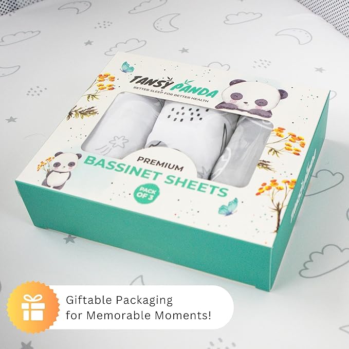 TansyPanda Bassinet Sheets for Angelbliss, Koolerthings, Koola Baby Bassinet Bedside Sleeper, 3 Pack, 33x20 inch, Ultra Soft, Breathable, Snug Fit, Unisex Boys Girls, Gray White (Moon, Stars, Clouds)
