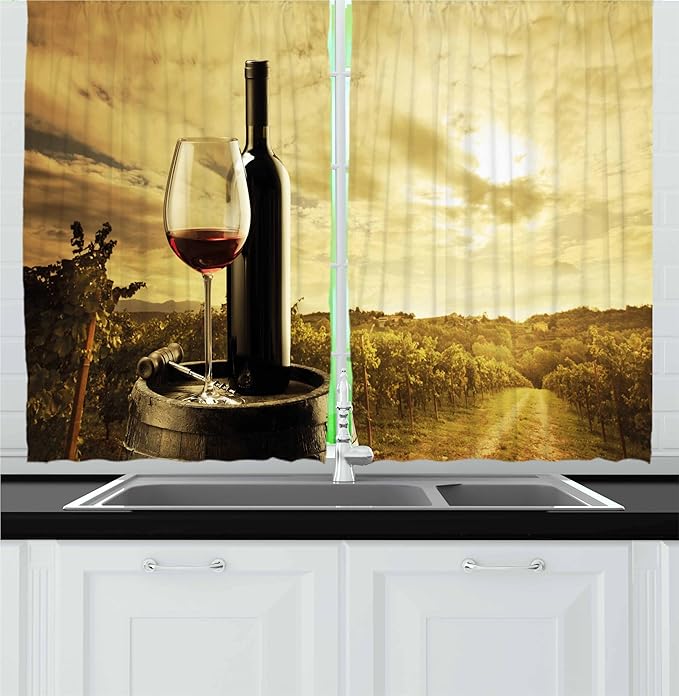 Ambesonne Wine Kitchen Curtains, Red Wine Bottle and Glass on Wooden Cask Dramatic Sky Agriculture, Window Drapes 2 Panel Set for Kitchen Cafe Decor, 55" x 30", Coffee Black