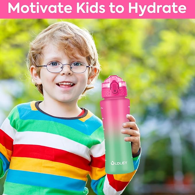 OLDLEY Kids Water Bottle with Straw 15 oz BPA-Free Leak-Proof Motivational Water Bottles with Time Marker for School Sports Travel Gym, Easy to Use for Girls Goys, 1 Straw Lid, Rose-Red Green