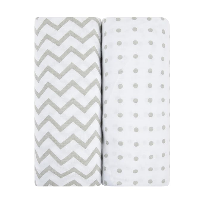 Bassinet Sheet Set 2 Pack - Baby Bassinet Sheets with 100% Jersey Cotton - Bassinet Sheets for Baby Girl and Boy, Newborn Essentials (Grey Chevron and Polka Dot)