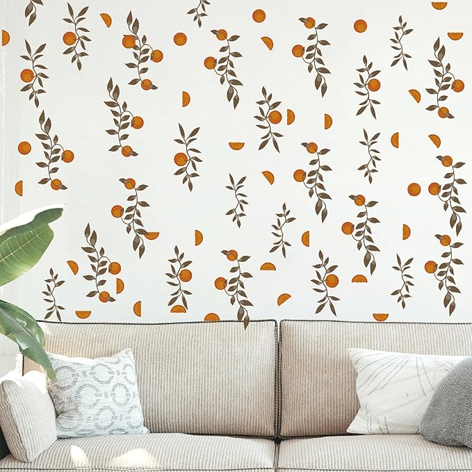 Orange Leaf Wall Stickers Boho Fruit Leaf Wall Stickers Removable Botanical Vintage Fruit Wall Decals Citrus Green Leaves Orange Wall Stickers for Nursery Kids Room Bedroom Kitchen Decor