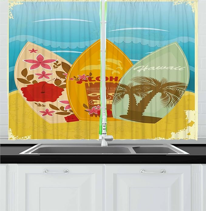 Ambesonne Tiki Bar Kitchen Curtains, Hawaiian Beach Surfboards on The Sand Exotic Summer Vacation Sport Vintage Style, Window Drapes 2 Panel Set for Kitchen Cafe Decor, 55" x 30", Blue Mustard