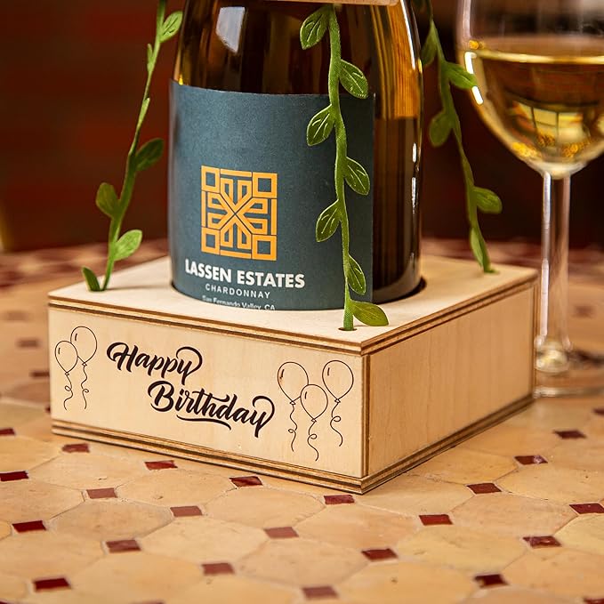 Personalized Wine Gift Box - Engraved & Blank Options for Birthdays, Anniversaries, Holidays, Housewarming - Leaf Design (Leaf, Happy Birthday)