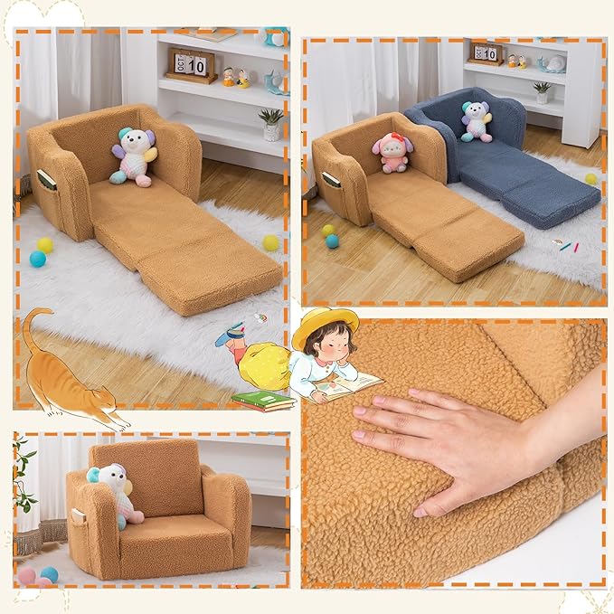 Baby Toddler Sofa Couch for Kids Foldable 2-in-1 Sherpa Fold Out Couch Bed for Playroom, Pull Out Children Convertible Sofa to Lounger Sleeper Chair for Boys & Girls with Double Pockets - Dark Camel