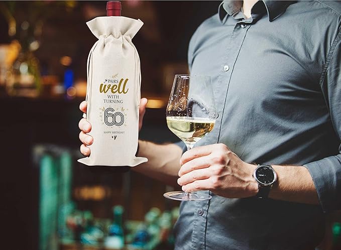 60th Birthday Wine Bag,Pairs Well With Turning 60 Happy Birthday,60th Gift Birthday Planning Gift,60th Gift Birthday Party,Birthday Decorations Wine Bag,Reusable Wine Bags With Drawstring,L16