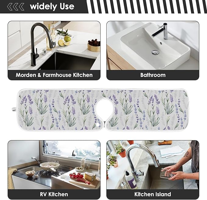 Kitchen Faucet Absorbent Mat,Lavender Flower Water Splash Guard for Sink, Faucet Drip Catcher Thicken Sponge Microfiber Faucet Water Catcher Mat Sink Absorbent Mat for Kitchen 23x5in 2 Pack