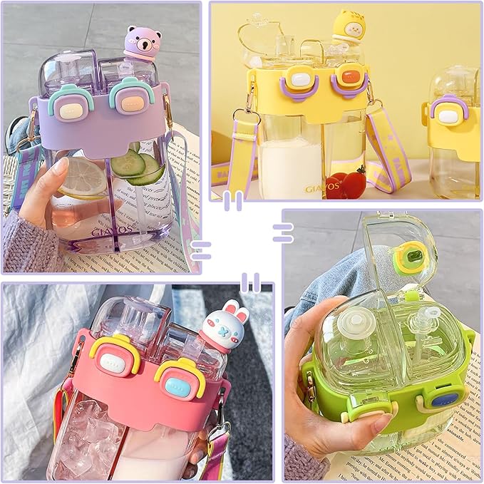 Cute Water Bottle for Kids: 26oz Kawaii Water Bottle for Girls, Funny Bear Water Bottles with Straw and Strap, Dual Compartments Leak-proof Plastic Drinking Cup for School Sport Travel (Green)