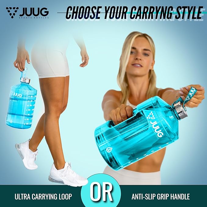JUUG 1 Gallon Water Bottle with Times to Drink - Gallon Water Jug with Handle - 128oz Leakproof BPA Free Bottle for Gym Fitness- One Gallon Water Bottle with Motivational Time Markers