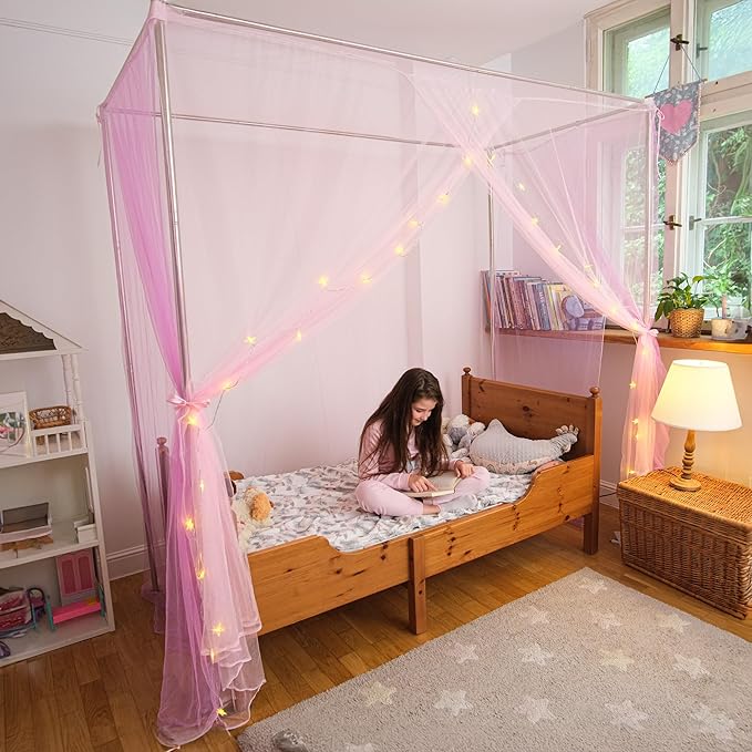 Canopy Bed Curtains with Lights, Twin Princess Bed Canopy For Girls, Pink & Purple | Fits Twin & Twin XL | Bed Curtains From Ceiling Or Bed Frame, Bed Curtains, Bed Canopies & Drapes, Princess Canopy