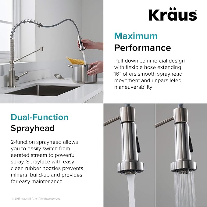 Kraus KPF-1610SFS Bolden 18-Inch Commercial Kitchen Faucet with Dual Function Pull-Down Sprayhead in all-Brite Finish, Spot Free Stainless Steel
