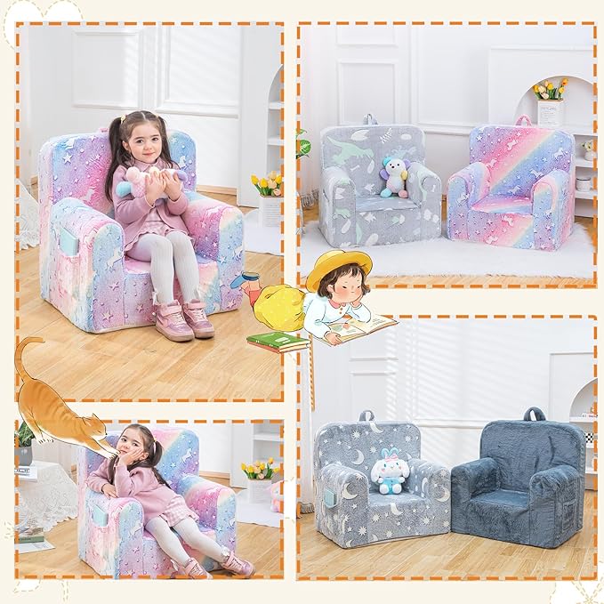 Snuggly-Soft Cuddly Toddler Plush Armchair for Boys and Girls Glowing Pink Fuzzy Plush Kids Sofa Couch Reading Chair with Children Friendly Handle for Easy Movement & Double Pockets for Storage