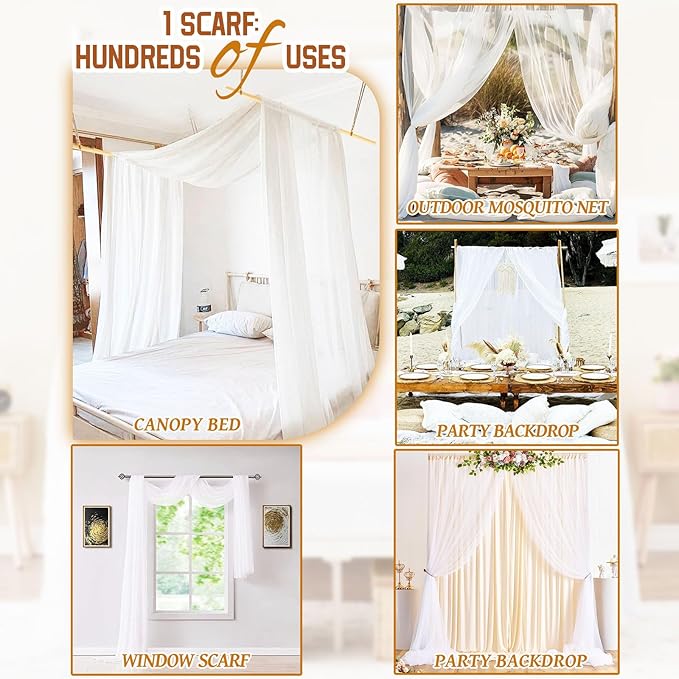 Showgeous 2 Panels Canopy Curtains White Canopy Bed Curtains 55" x 288" Bed Canopy Scarf for Full/Queen Bed Frame,Queen Canopy Bed Curtains,Sheer Bed Canopy Curtains Drapes Bed Tulle Canopy