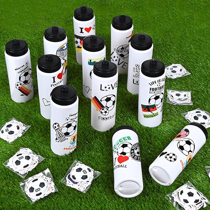 12 Pack Bulk Soccer Sports Water Bottle with 12 Pack Sticker Gift Set, Squeeze BPA-Free Reusable Water Bottles for Soccer Team Party Favors Gift(20OZ)