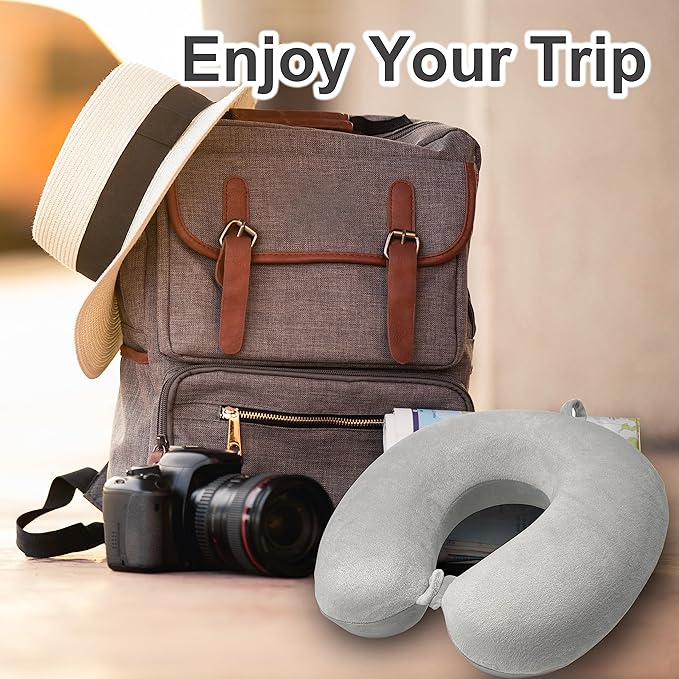 Neck Pillow for Airplane Travel, 100% Pure Memory Foam Travel Neck Pillow for Sleeping & Travel Essentials for Neck Rest, Grey, Pack with Box